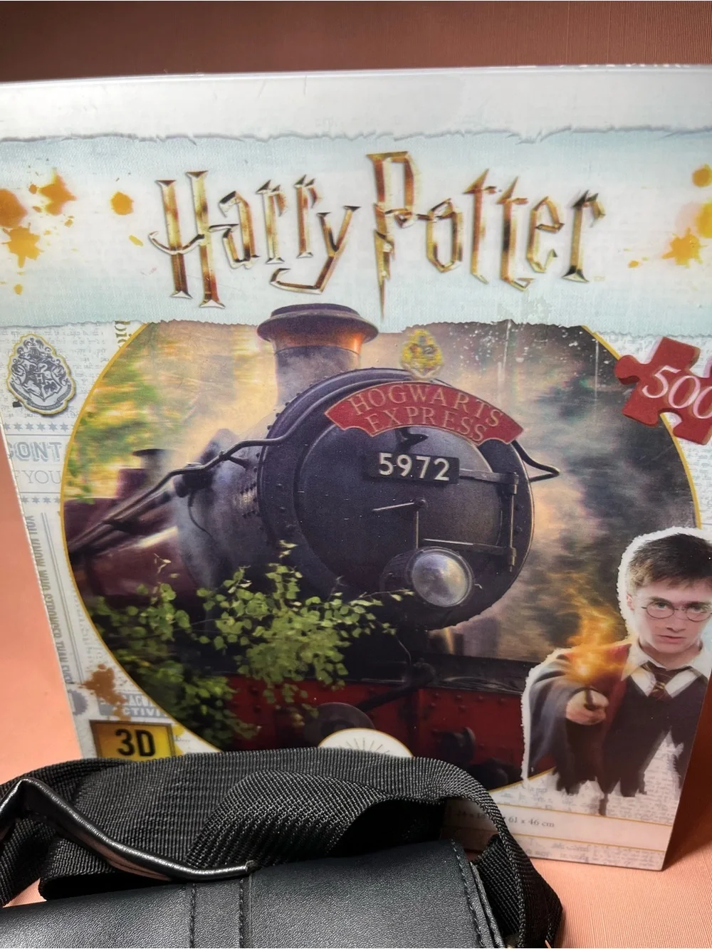 Hogwarts Black Crossbody Satchel Bag with Gold Emblem & 3D puzzle